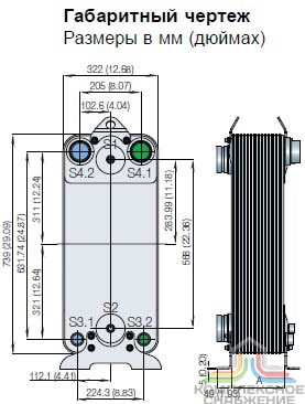 Габаритный чертеж паяного теплообменника Alfa Laval AC502DQ